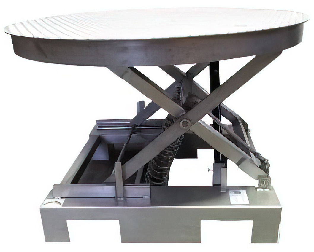 Stainless steel rotating top on spring pallet elevator