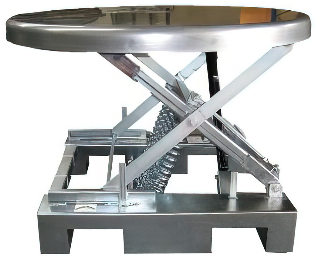 Galvanised flat-top spring pallet elevator platform with lift mechanism