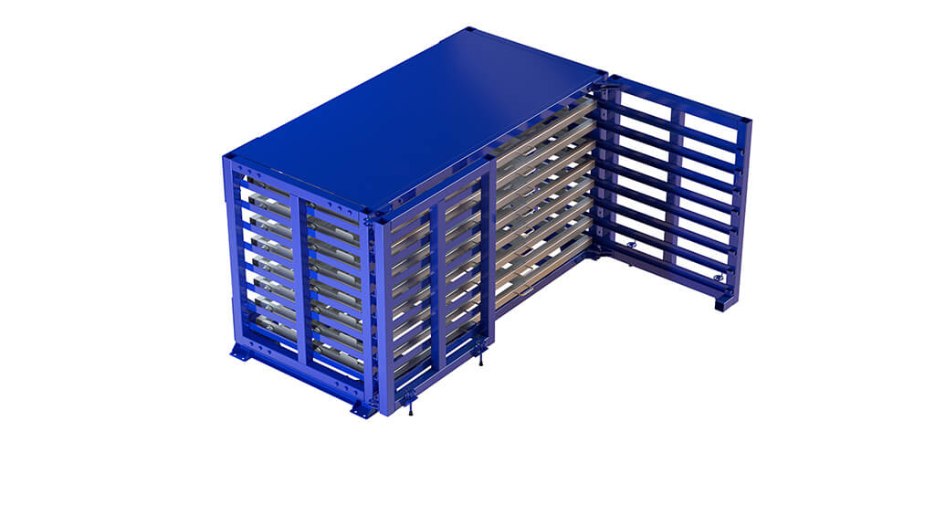 Industrial sheet storage rack with steel sheets in warehouse setting